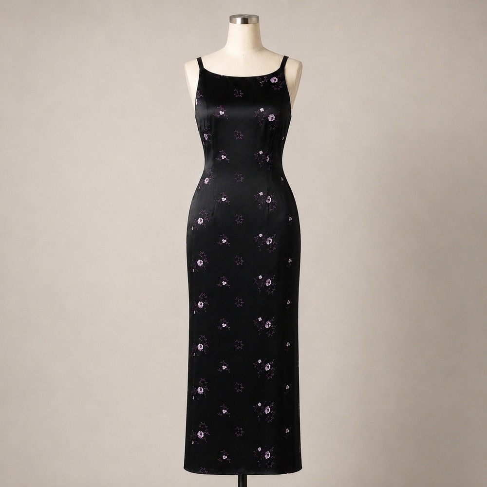 Vintage 90s XOXO Black Satin Floral Embroidered Maxi‎ Dress Size 1 Whimsigoth